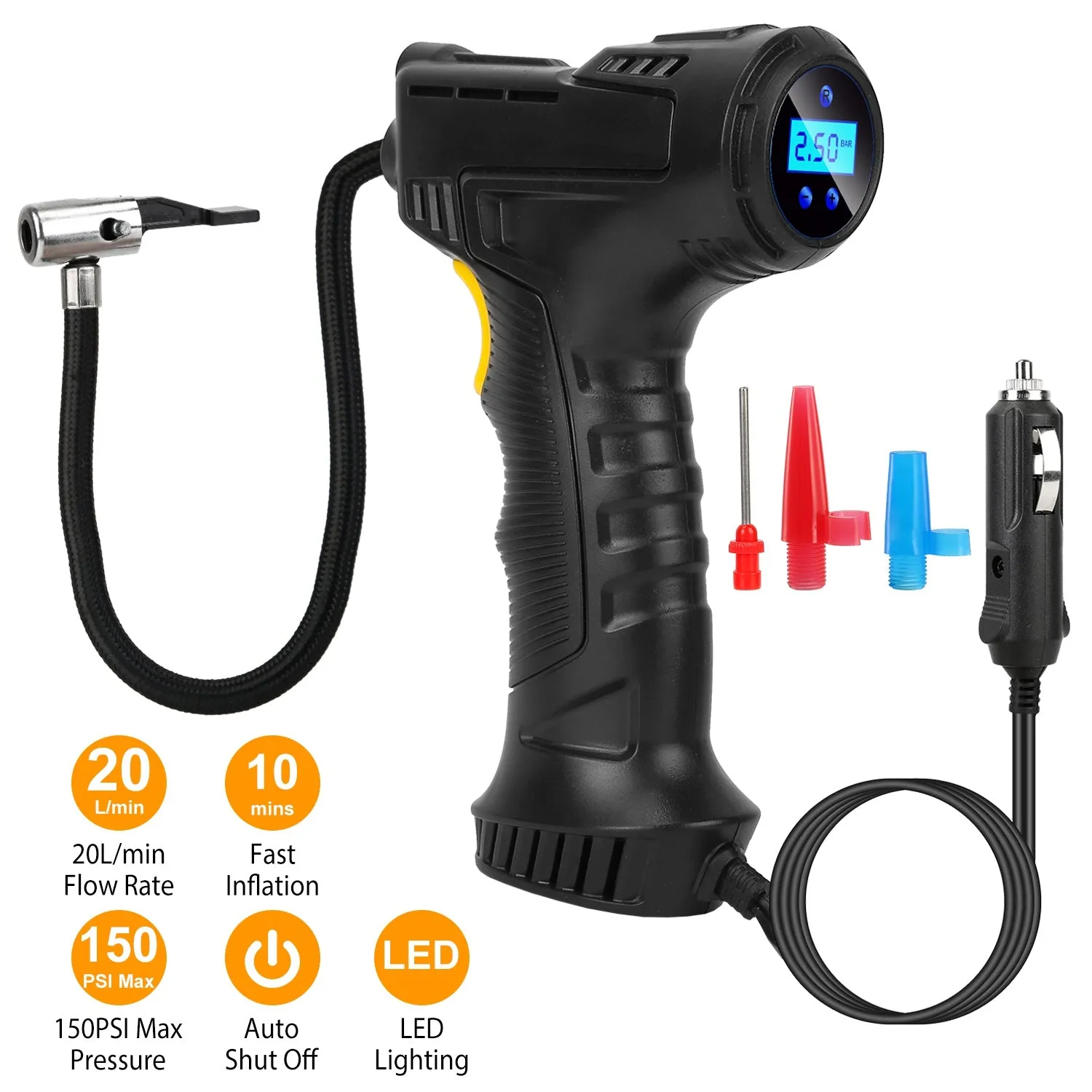 12V Digital Car Tire Inflator with LED Light 150 PSI