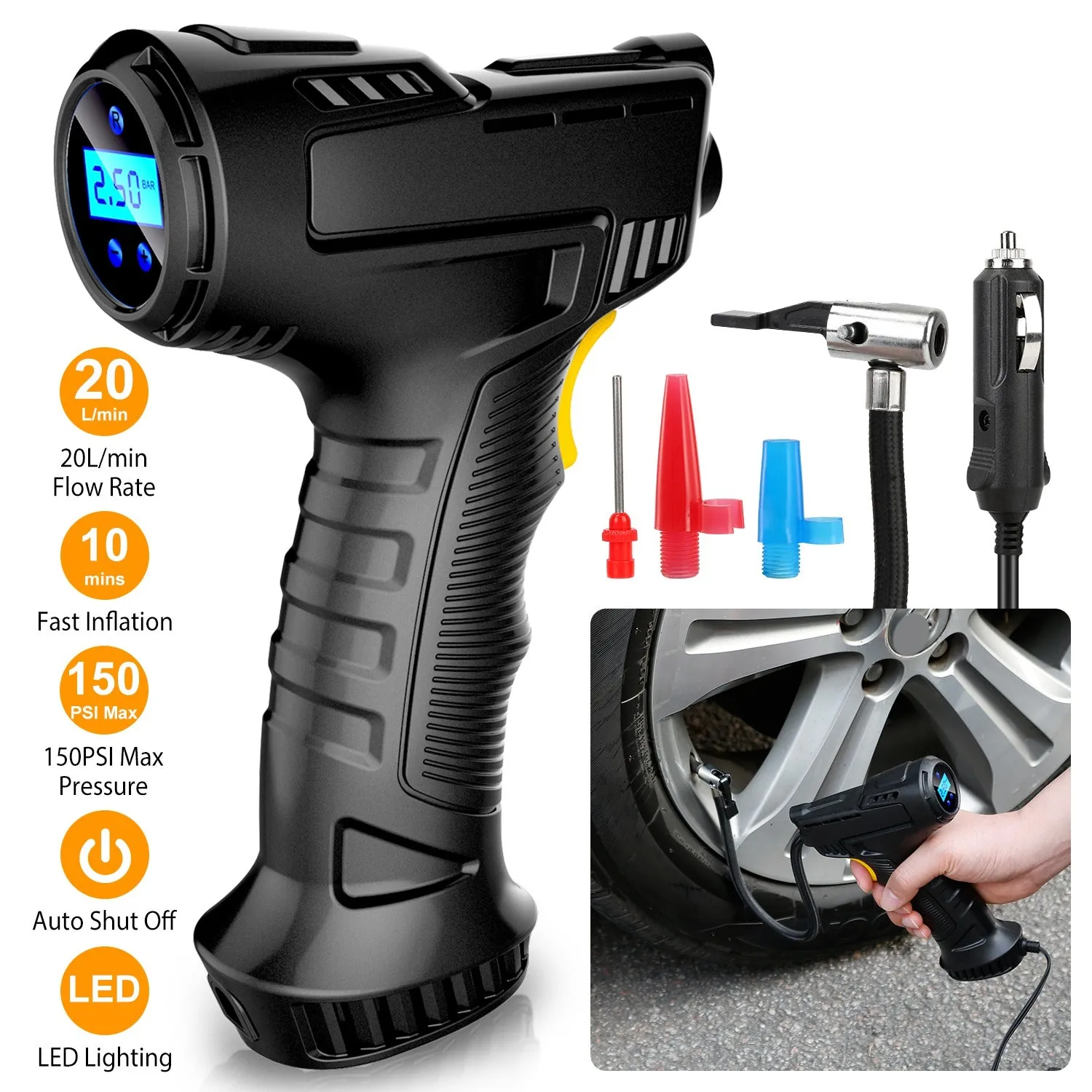 12V Digital Car Tire Inflator with LED Light 150 PSI