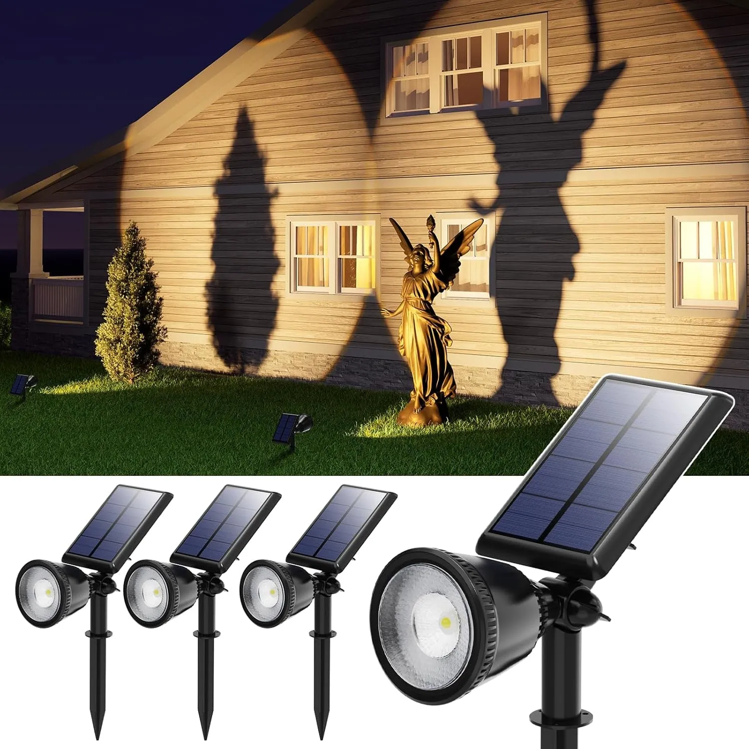 4 Pack Solar Powered LED Spotlights Outdoor Waterproof Ultra Bright Sunset Spot Lights for Tree, Flag, Lawn, Sculpture, Pool, outside Landscape Uplights for Wall, House, Garden, Backyard, Warm White