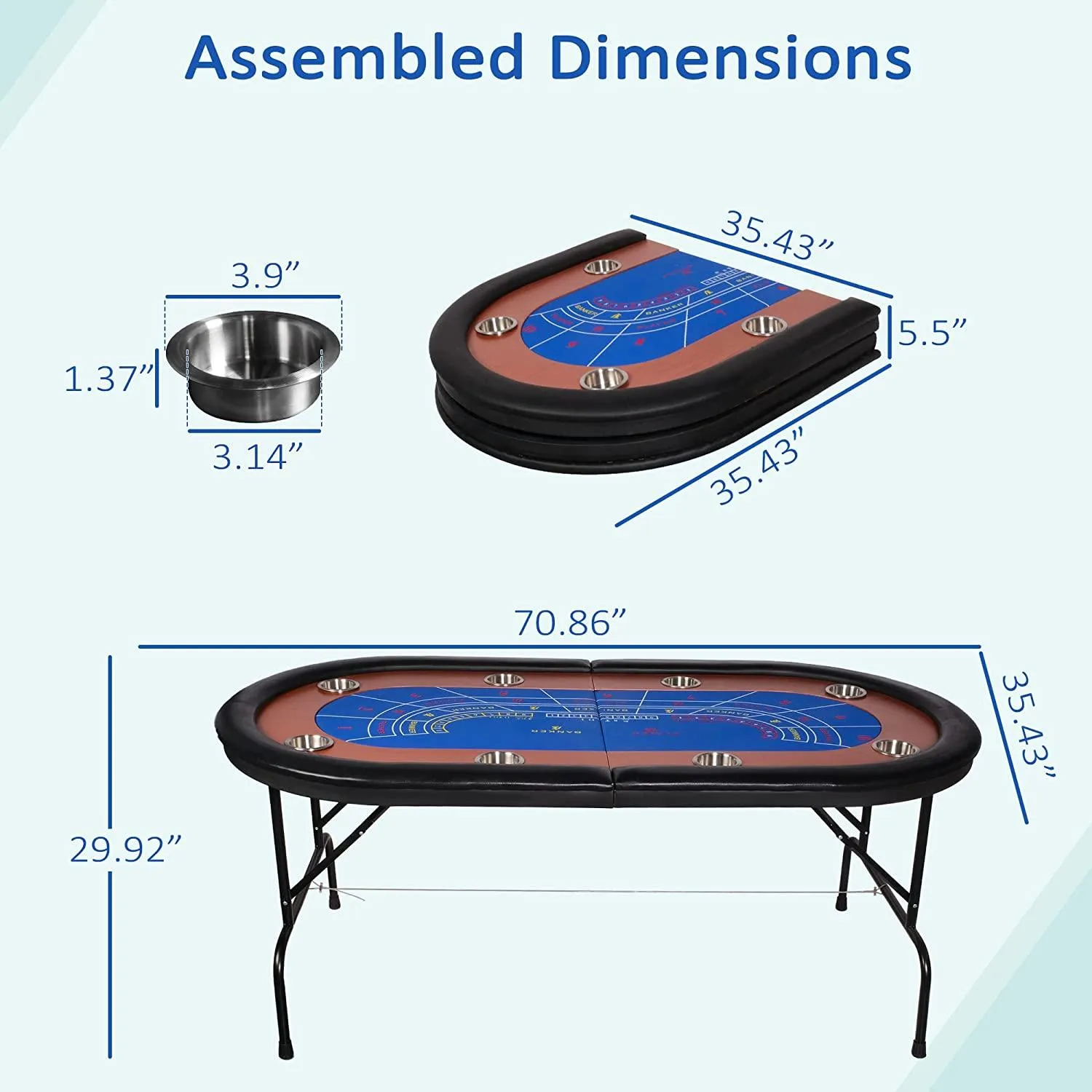 Foldable Poker Table w/Stainless Steel Cup Holder Casino Leisure Table Blue Felt Surface