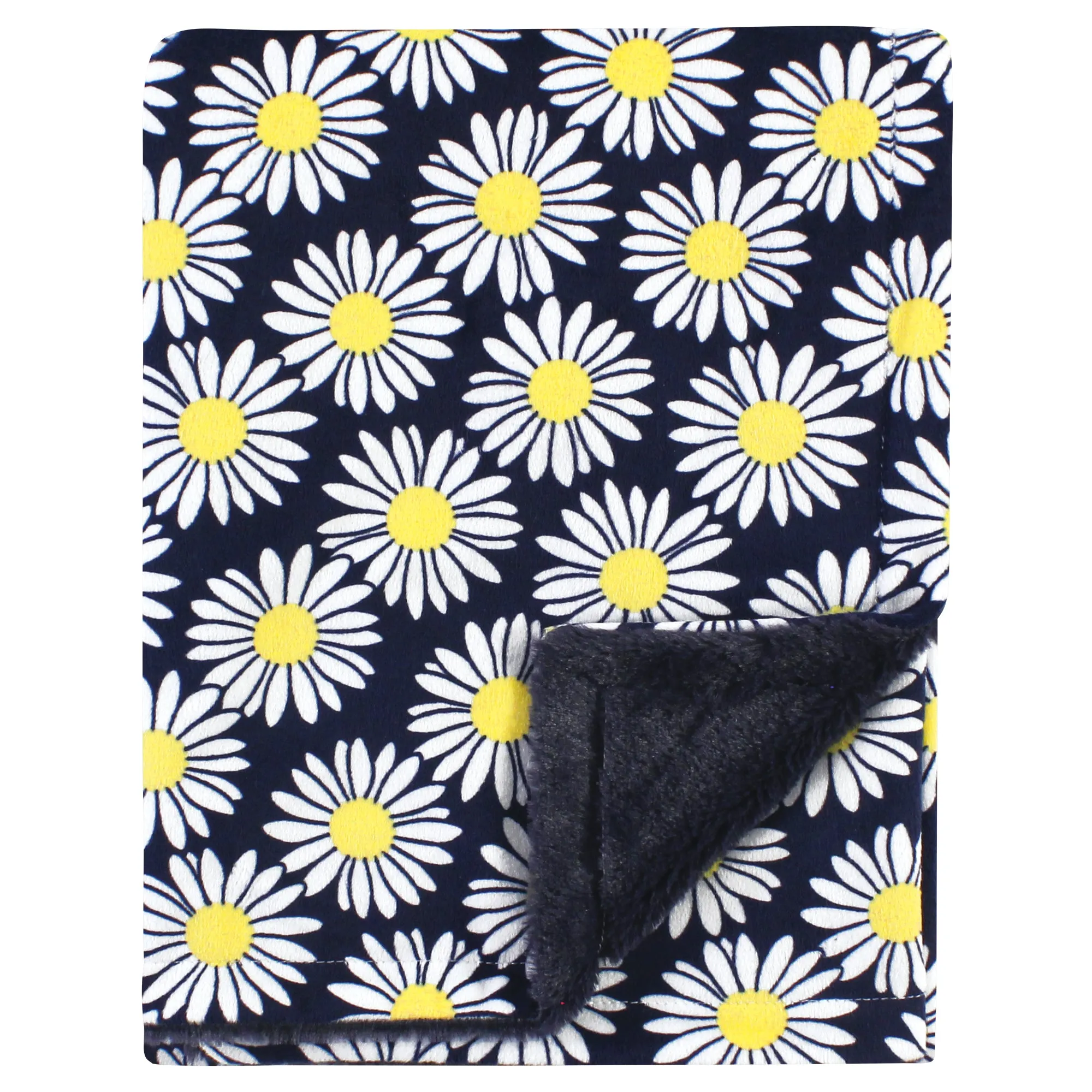 Hudson Baby Plush Blanket with Furry Binding and Back, Navy Daisy