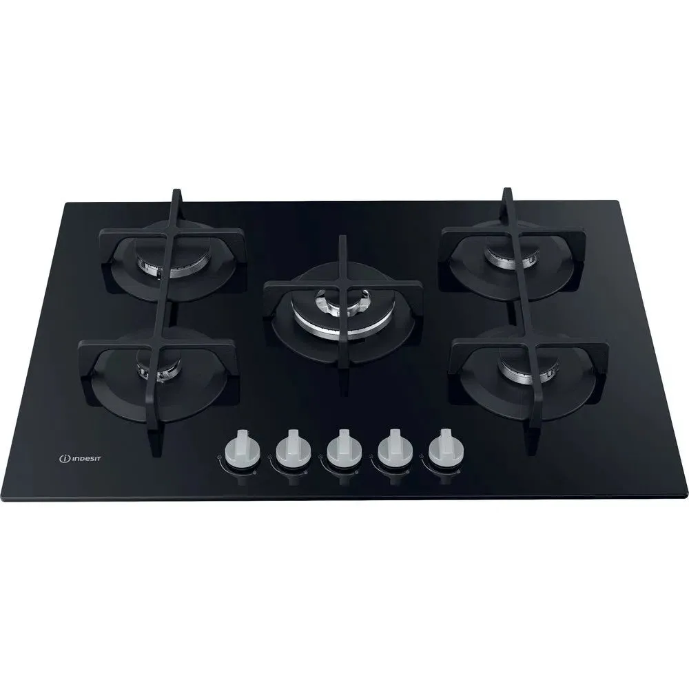 Indesit ING72TBK 73.0cm Wide Gas Hob, 5 Gas Burners, With Cast Iron Pan Supports - Black