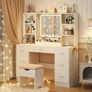 LED Vanity Desk with Stool, Charging Station, and 7 Drawers