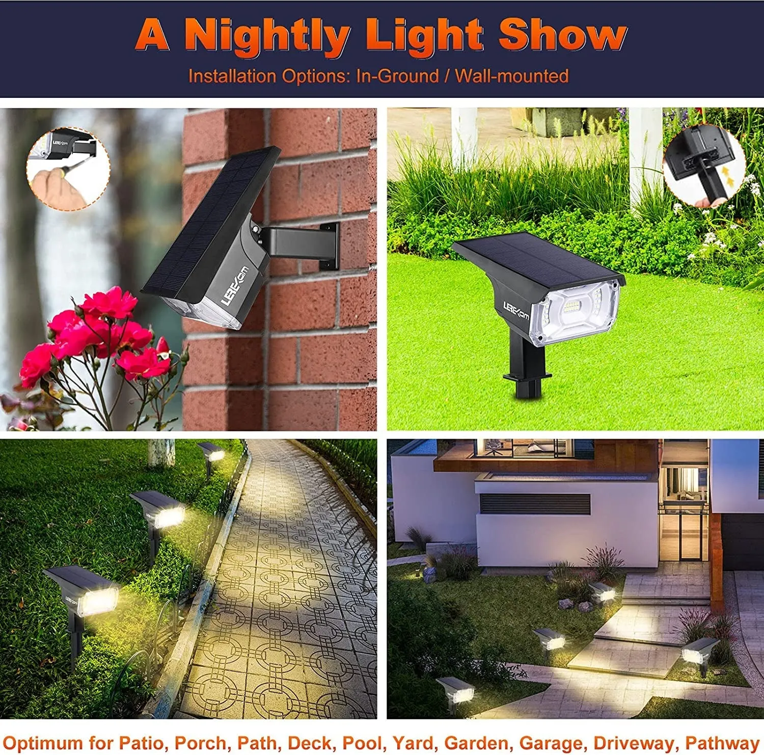 LEREKAM 40 Leds Solar Spotlights Outdoor,Ip65 Waterproof Solar Powered Landscape Spotlights 2-In-1 Wall Light, Outdoor Solar Landscaping Lights Auto On/Off for Yard Garden 2Pack Warm-White