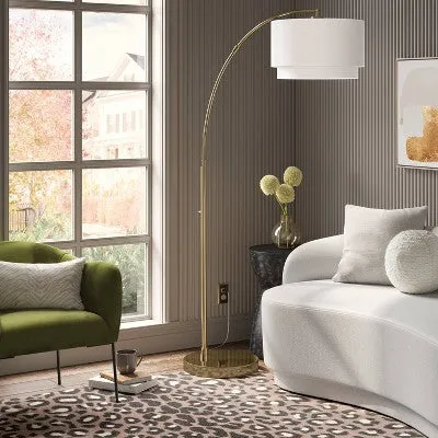 New - Knurled Metal Arc Floor Lamp with Tiered Shade Brass - Threshold