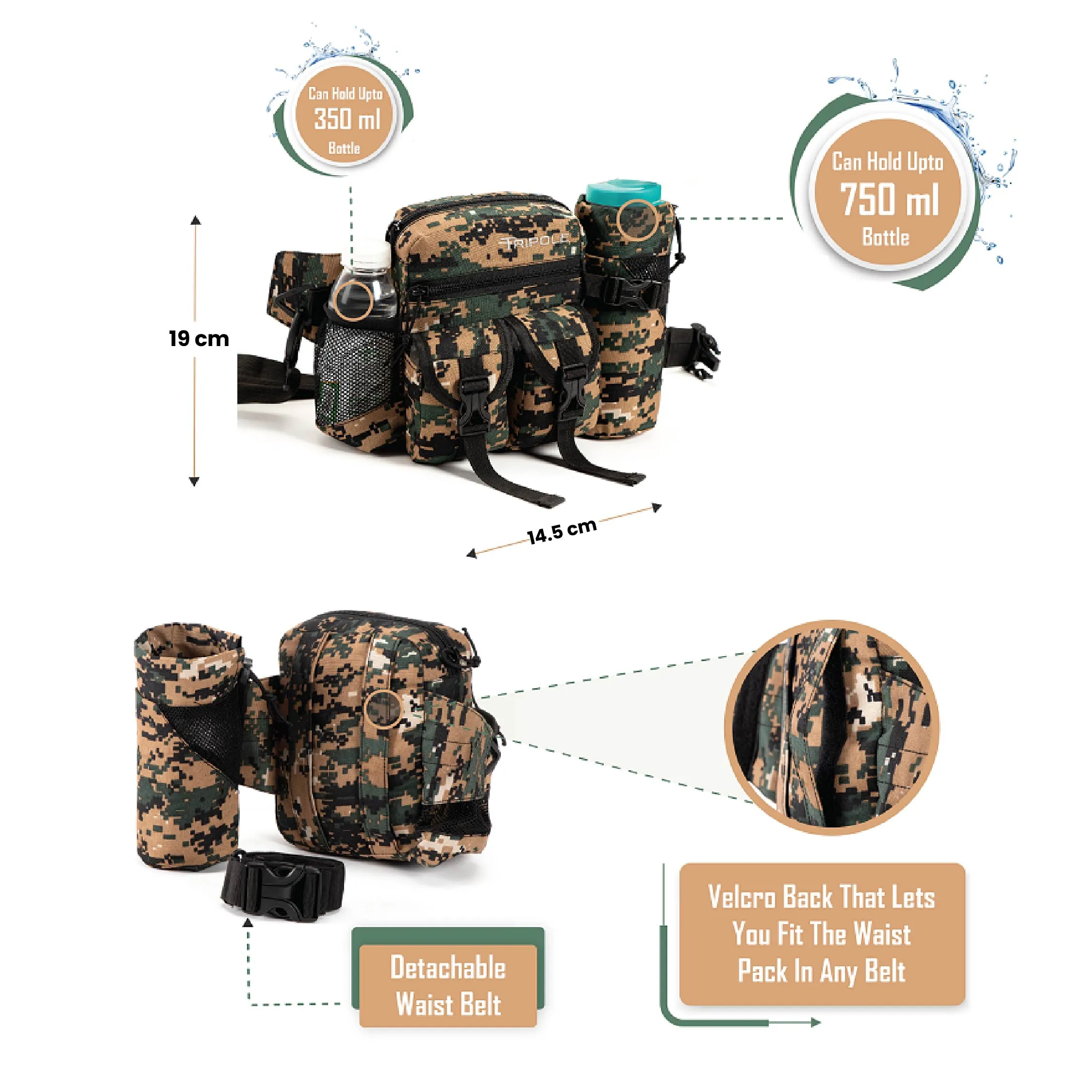 Tripole Waist Pack with Detachable Bottle Holder - Multi-Utility Waist and Sling Bag for Hiking, Cycling, and Backpacking | Digital Camouflage