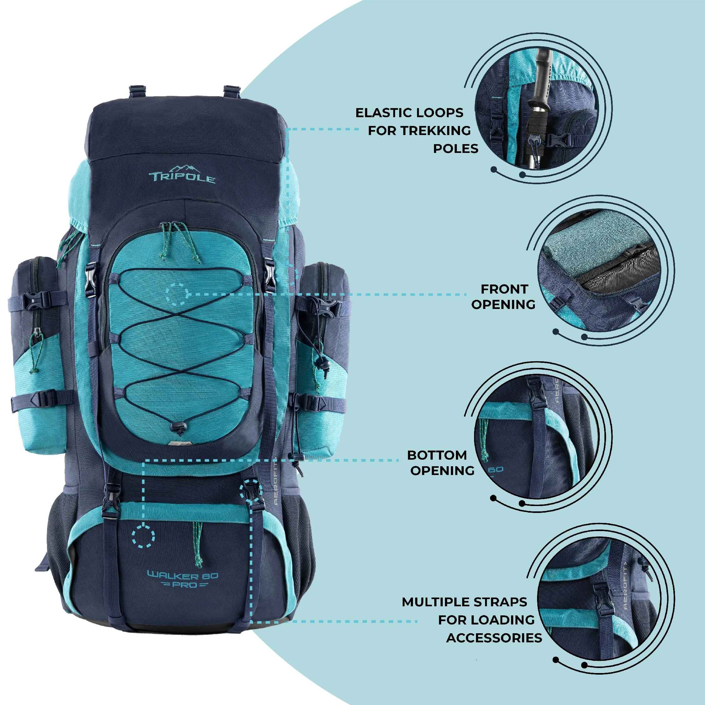 Tripole Walker Pro Internal Frame Rucksack for Travel and Trekking | Front Opening | Laptop Sleeve | Water Repellent | Rain Cover | 5 Year Warranty | 80 Litre Blue