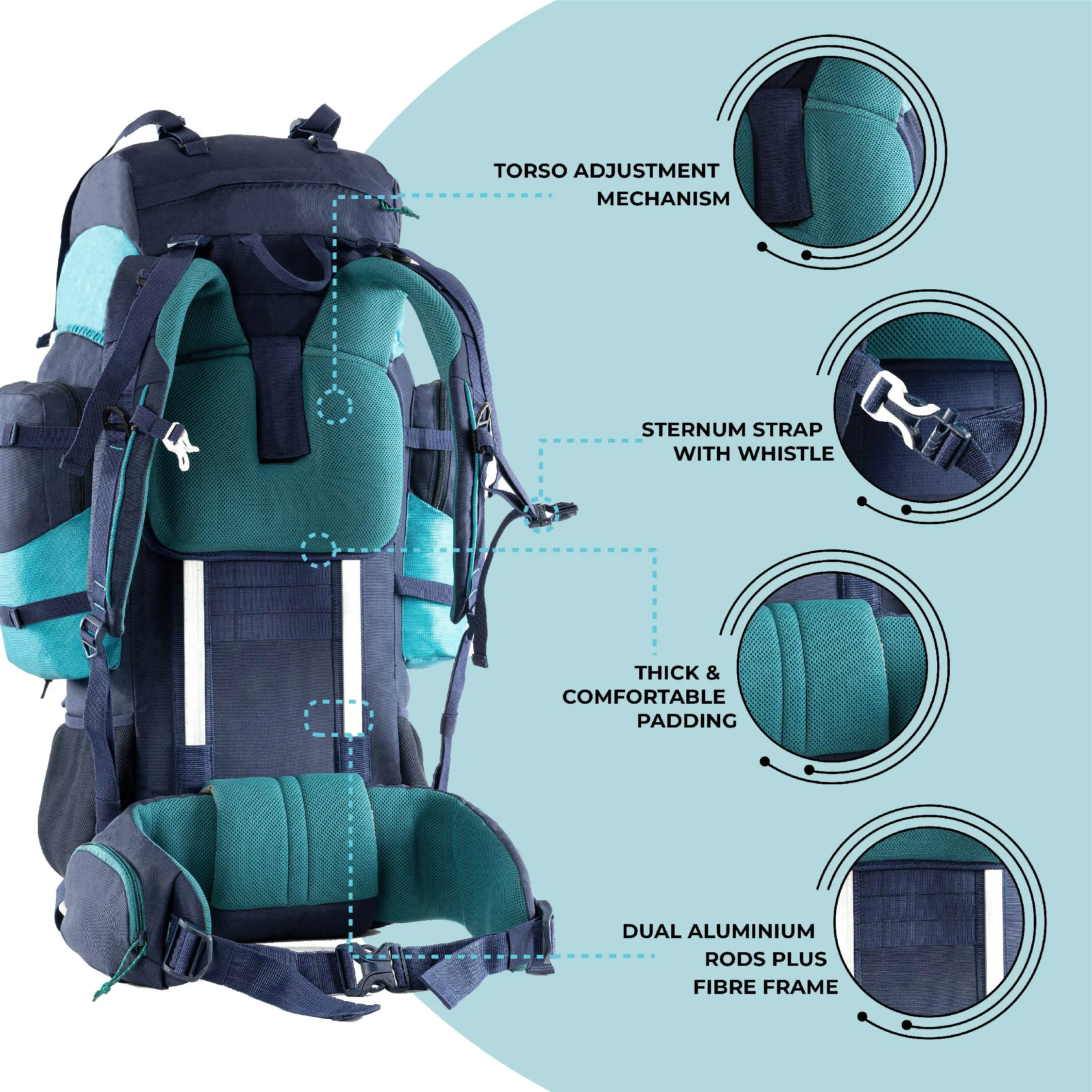 Tripole Walker Pro Internal Frame Rucksack for Travel and Trekking | Front Opening | Laptop Sleeve | Water Repellent | Rain Cover | 5 Year Warranty | 80 Litre Blue